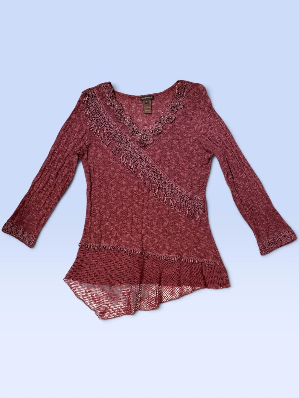 MULTIPLES Burgundy Crochet Knit Lace Asymmetric Tunic Blouse Top Size M